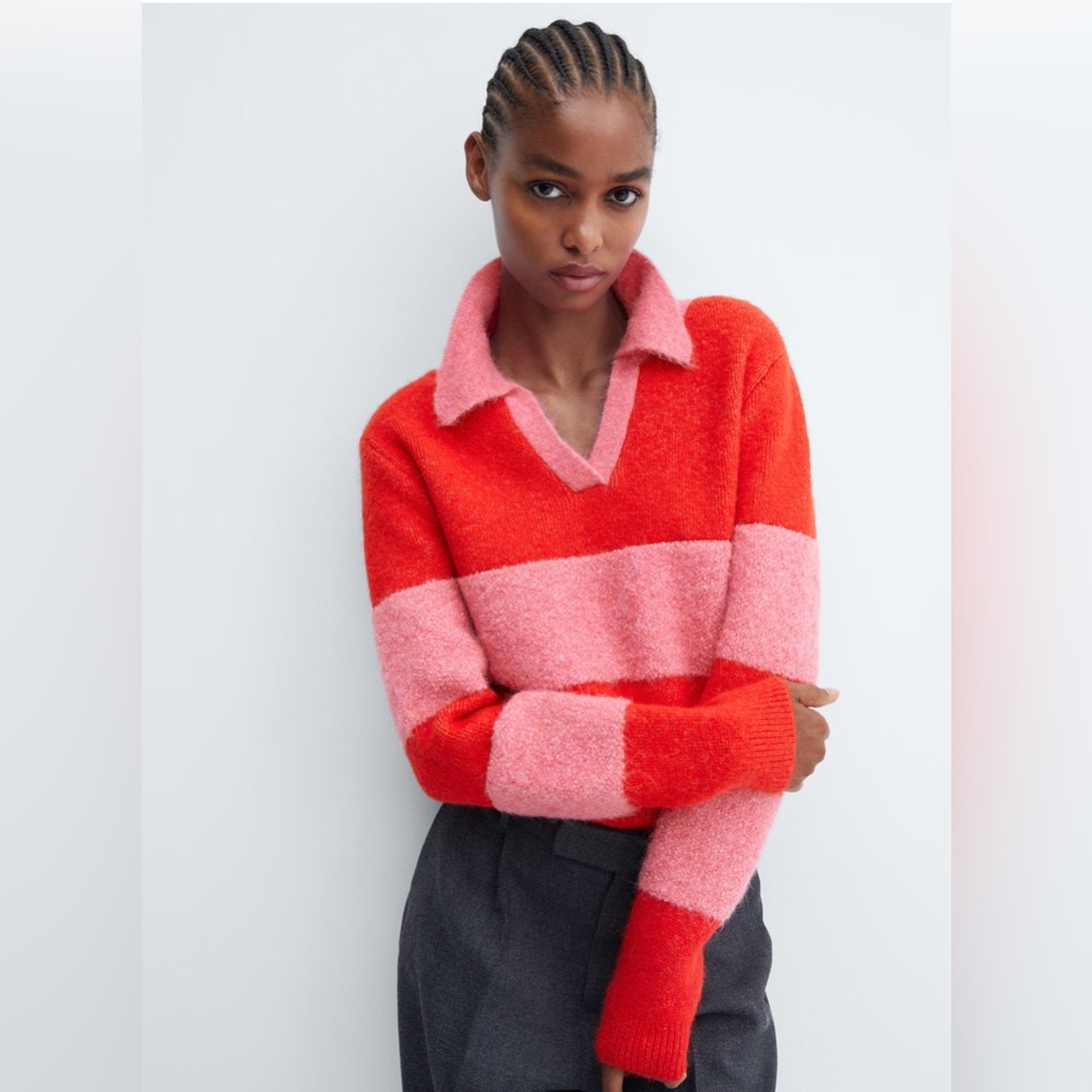 MNG Mango Pink & Red Striped Collared Cropped Sweater Size M